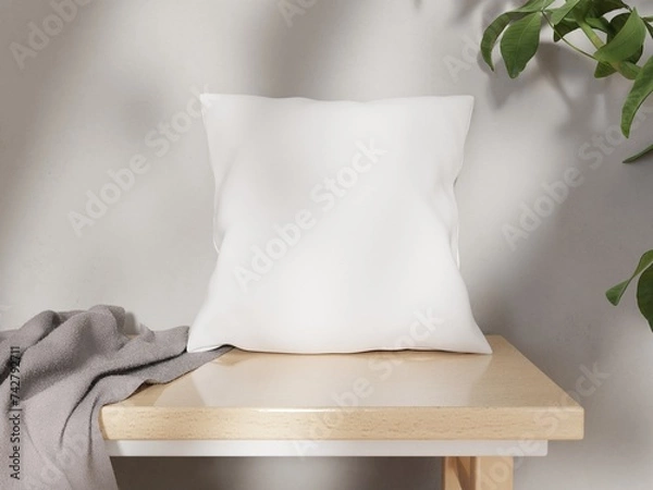 Fototapeta Blank white soft square pillow, front view, mockup for your design, home decor