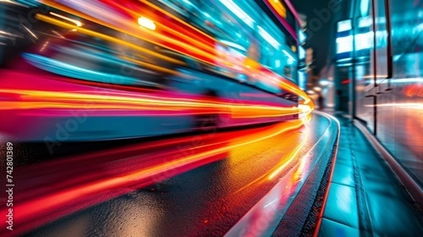 Fototapeta Vibrant neon cityscape with futuristic skyscrapers and dazzling light trails at night
