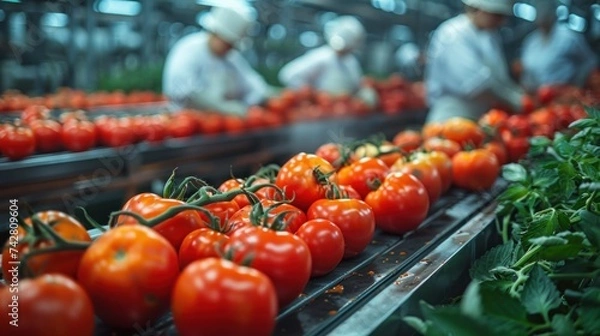 Fototapeta Operators sort fresh, ripe tomatoes on a conveyor belt. People in special clothing and gloves monitor and clean the environmentally green vegetables. Agricultural technology.