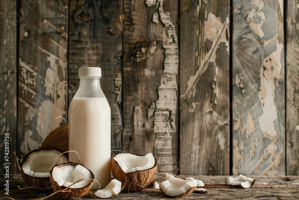 Obraz Side view of coconut milk in a bottle with fresh coconuts on a rustic wooden background.