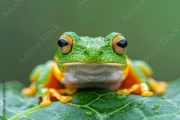 Fototapeta A bright green frog with orange feet is sitting on a leaf and looking at the camera.