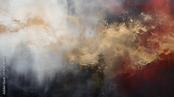 Fototapeta Closeup of abstract rough dark gold burgundy art painting texture, with oil acrylic brushstroke, pallet knife paint on canvas, geometric spatula technique