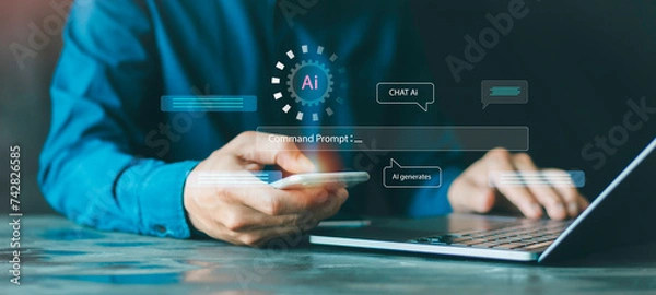 Fototapeta Chat with AI, generates, imagine prompt, businessman show virtual graphic Global Internet connect, Artificial Intelligence, using command for generates something, Futuristic technology transformation