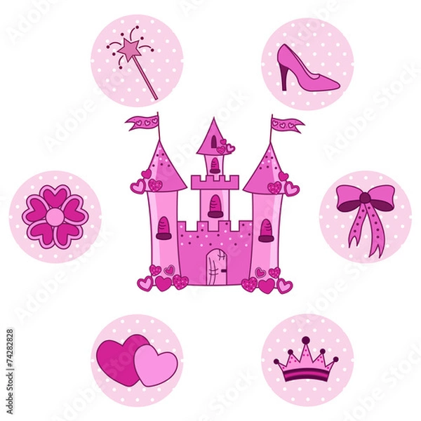 Obraz Zestaw dla księżniczki z zamkiem na białym tle