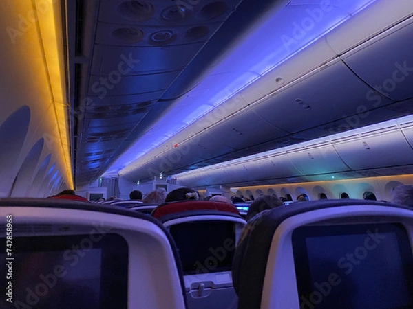 Fototapeta Interior of an airplane. View of the seats, screen, luggage racks and front of the aircraft. Dim lighting for a night flight.