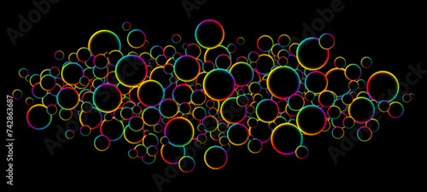 Fototapeta Fluorescent circle particles dynamic flow. Luminous floating balls shine with rainbow colors on black background. Colorful rainbow random flying glowing circles, spheres or bubbles. Vector background