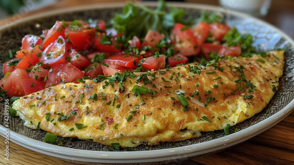 Fototapeta Omlette egg with tomato salad seasoning onion egg breakfast
