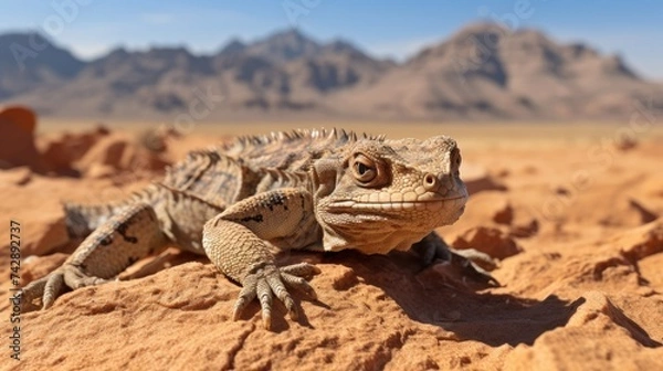 Fototapeta A photo of a desert lizard blending into the sand with distant mountains backdrop