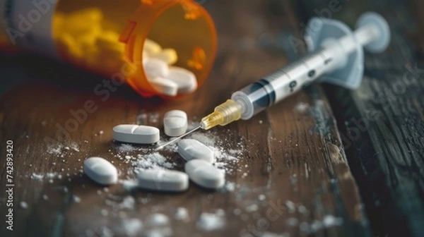 Fototapeta A scattered arrangement of pills, a pill bottle, and a syringe on a wooden background. The image serves as a visual representation of the opioid and drug crisis
