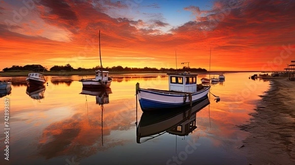 Obraz A photo of an estuary with fishing boats