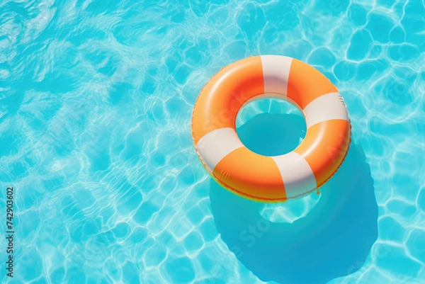 Fototapeta A lot of inflatable rings in the swimming pool sunny day. Summer holiday idyllic. High view from above.