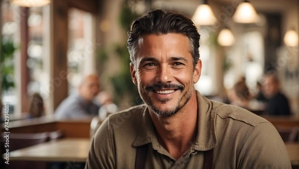 Fototapeta A man smiling at the camera, with a vintage cafe setting in the background gently blurred, providing a nostalgic and cozy feel to the portrait. generative AI