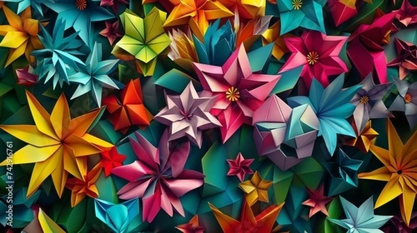 Fototapeta A colorful, geometric pattern inspired by the art of origami, featuring digital paper textures folded into shapes of flowers and animals, arranged in a lush, patterned garden scene. 8k