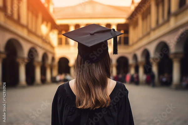Fototapeta Excited youth graduating from college university school wearing tassel hat prom day Generative AI pic