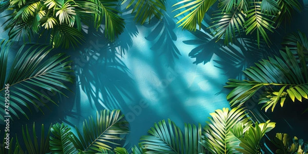 Fototapeta Lush green tropical leaves framing a serene blue background in a vibrant botanical design.