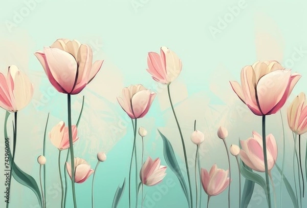 Fototapeta Pastel Elegance: Stylized Tulips on Turquoise - A Generative AI Creation