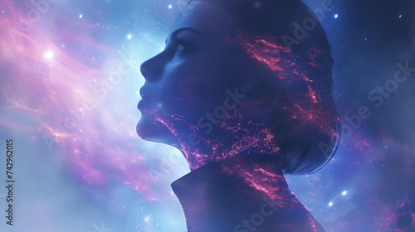 Fototapeta A sleek female android in outer space. Generative AI.