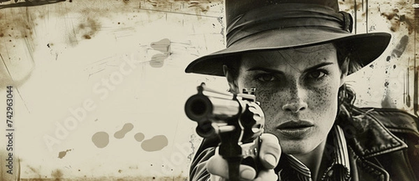 Obraz a composite featuring a female gangster on rough newsprint aiming her pistol, wanted dead or alive