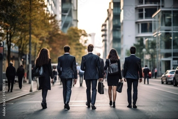 Fototapeta back view of group business people crowd walking on street go to work at morning in city downtown, insurance, finance, business marketing, partnership, goal business target concept