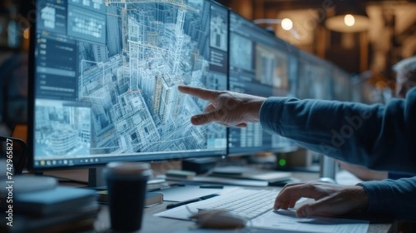 Fototapeta professional architect, engineer or interior hand working on virtual digital blueprint on computer in office center at construction site, construction, technology, contractor, engineering concept