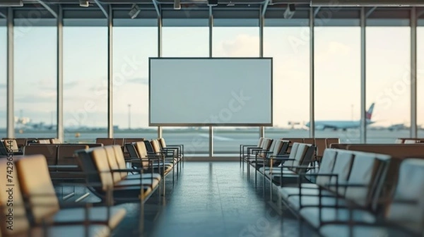 Obraz Ads. big mock up of horizontal blank advertising billboard or light box showcase at airport, copy space for your text message or media content, advertisement, commercial and marketing concept