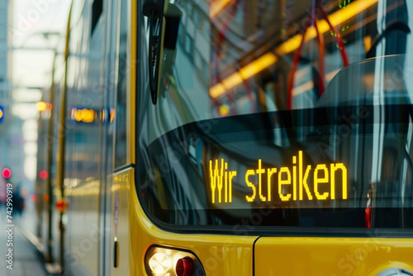 Obraz "Wir streiken" auf einem elektronischen Busdisplay in einem gelbe Bus während eines Gewerkschaftsstreiks. Bedeckter Himmel in der Stadt.