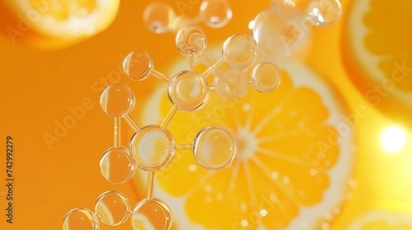 Obraz A molecular model of vitamin C, transparent and illuminated, against a citrus-inspired orange background, emphasizing health and nutrition research. 8k