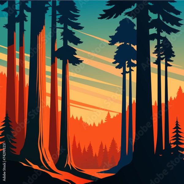 Fototapeta Bold outlines of towering redwoods in an ancient forest. vektor illustation