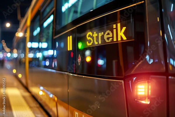 Obraz "Streik" auf einem elektronischen Display während eines Gewerkschaftsstreiks. Städtische Beleuchtung am Morgen oder Abend. 