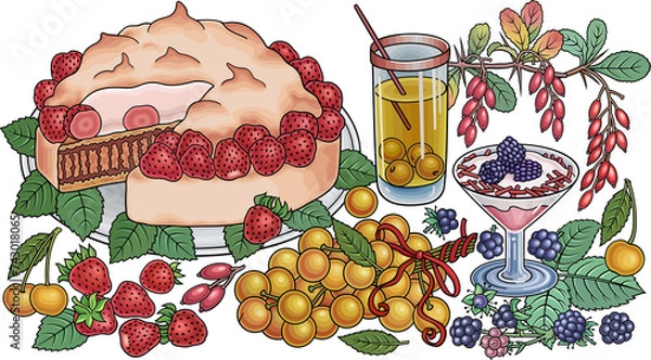 Obraz Сake, berries, fruits, drinks hand drawn vector doodles illustration. Nature and food elements and objects cartoon background.