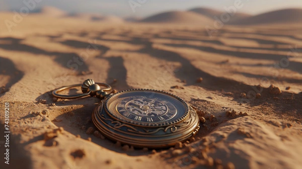 Fototapeta A pocket watch lying in the desert sands. Generative Ai