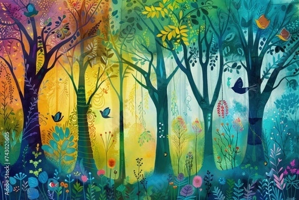 Fototapeta Captivating imagery of mythical tree spirits and guardians, safeguarding Earth's lush forests for a sustainable future. Abstracted landscapes in vibrant hues