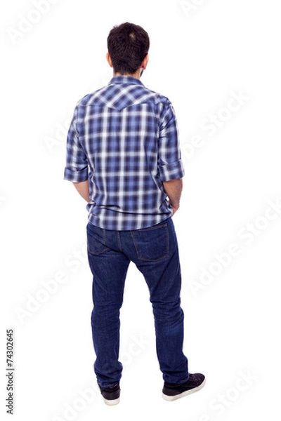 Obraz Back view of young casual man, isolated on white background