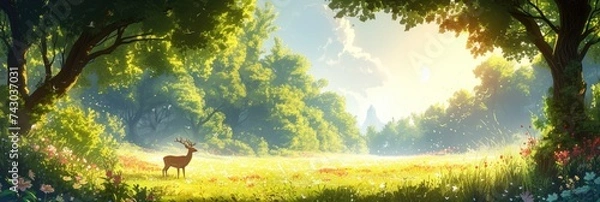 Fototapeta Magical forest dawn with grazing deer