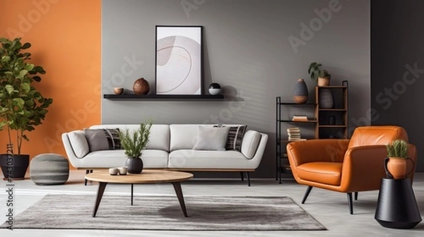 Fototapeta Modern living room with sofa, round chair and pattern carpet