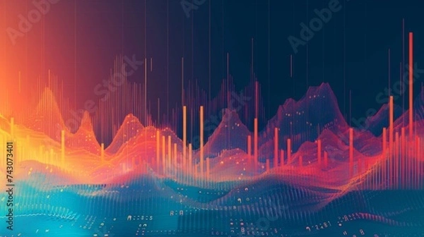 Obraz Abstract Digital Landscape of Multicolored Vertical Bars Visualizing Fintech and Investment Trends