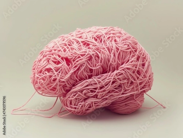Obraz Tangled Pink Woolen Threads Shaped Like a Human Brain on a Neutral Background