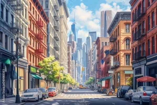 Obraz Bustling Broadway Street Scene in SoHo with Historic Architecture and Urban Activity, New York City