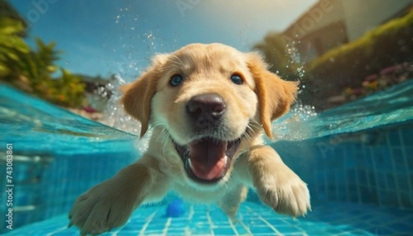 Fototapeta Underwater funny photo of golden labrador retriever puppy in swimming pool play with fun