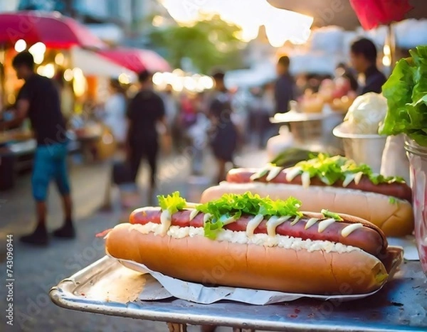 Obraz A hotdog is an iconic snack consisting of a sausage in a bun, typically adorned with various flavorful condiments and sauces. AI generation.