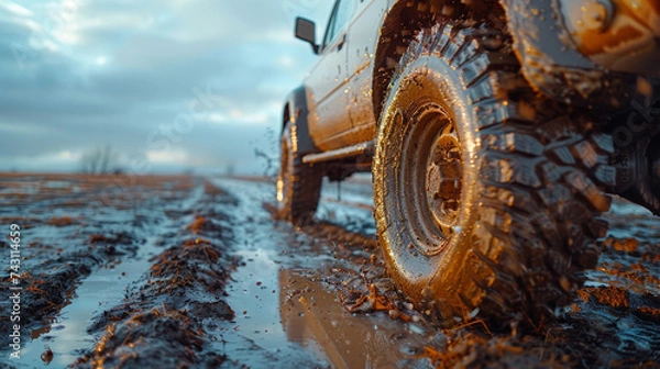 Fototapeta Off-road vehicle on muddy road with mud splashes at sunset