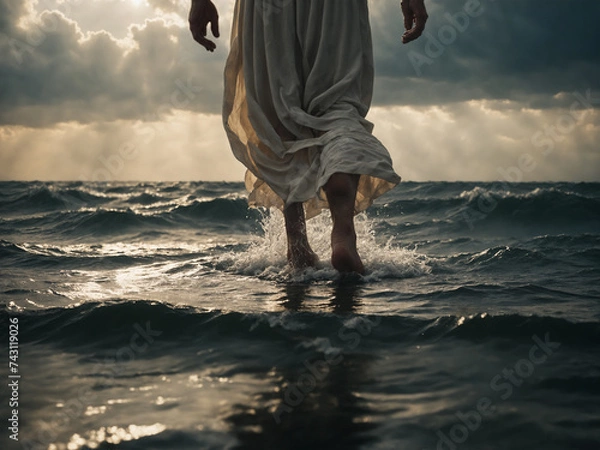 Obraz Jesus walking on water close up of feet walking on sea or ocean