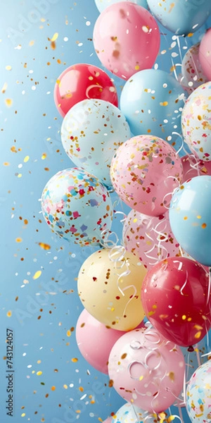 Fototapeta Bunch of balloons with confetti. 3D illustration with vibrant colors.
