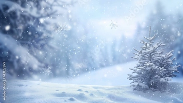 Fototapeta Winter Wonderland with Snowy Christmas Tree in a Serene Snowscape