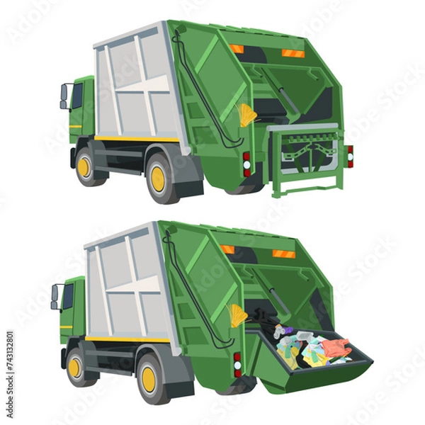 Fototapeta Garbage collection vehicle full of garbage and clean.