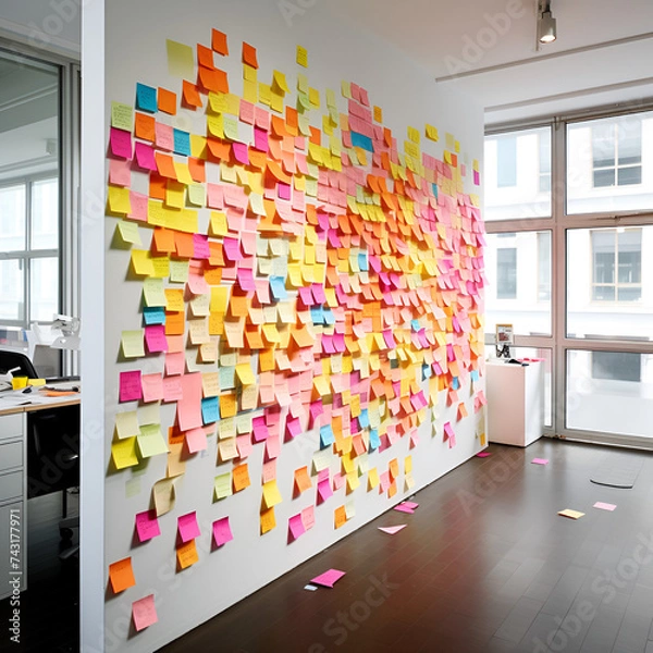 Fototapeta Post it adhesive note wall Organizing colours 