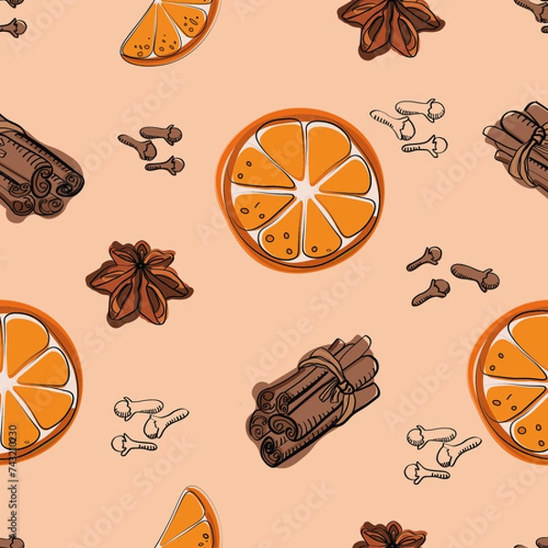 Obraz seamless pattern, orange, cinnamon, clove, pattern for textile industry, tableware. Fashion print 