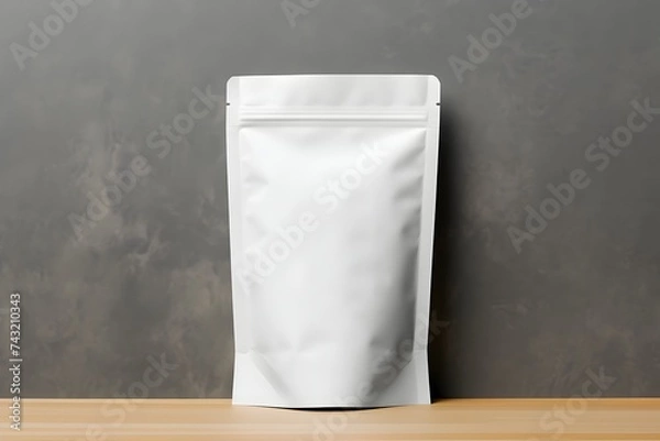 Fototapeta Blank white aluminium or plastic pouch packaging mockup on grey background. With clipping Path included.