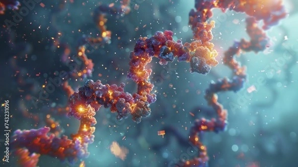 Fototapeta Revolutionary genetic research showcases telomere extensions, microscopic images against a vibrant turquoise backdrop.