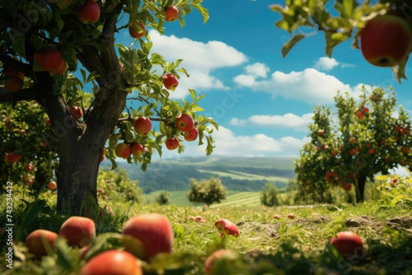 Fototapeta An apple orchard with ripe, red apples